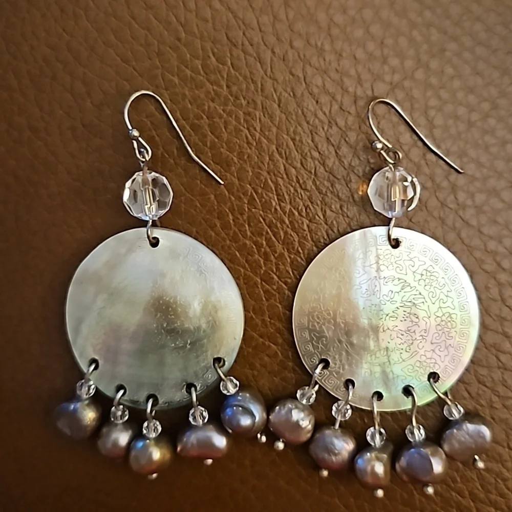 Vintage Abalone Shell Freshwater Pearl Chandalier Festival Dangle Hook Earrings